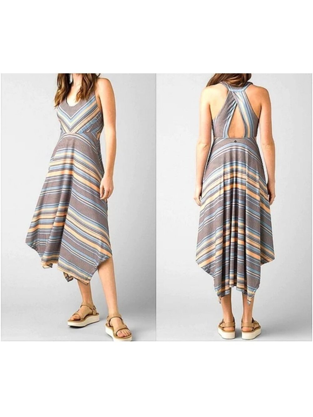 prAna Saxon Dress Shelf Bra Midi Stretch Jersey Striped Hanky Hem Women size XL